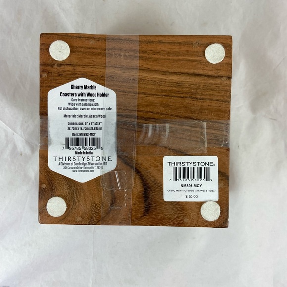 Thirstystone Set Of 4 Cherry Marble Coasters With Wood Holder 4x4 Square NEW - Picture 7 of 13